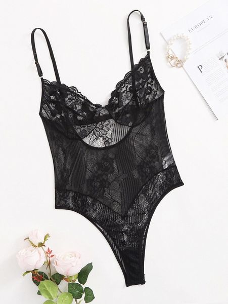 

plus floral lace teddy bodysuit r80r#, Black;white