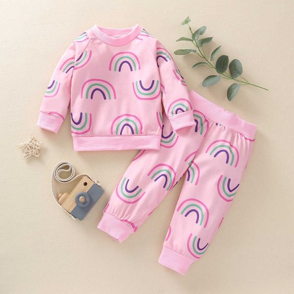

toddler girls chill sets 2 piece for kids ins fashion rainbow print jogger set spring boutique clothing 210529, White
