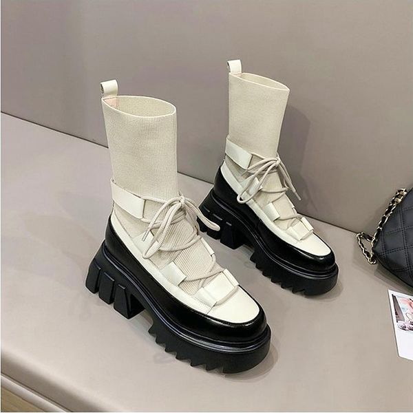 

boots 2021 winter fashion women gothic short thick heels platform shoes autumn female beige height increasing punk booties, Black