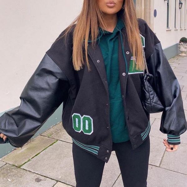 

women's jackets hip-hop style letter striped print patchwork overcoat autumn winter baseball uniform women button fleece outerwear, Black;brown
