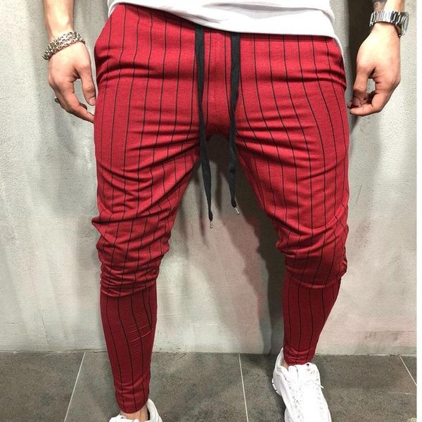 

european american men's slim pantalon hombre casual sports striped trousers mid-waist stretch tight feet sweatpants men pants, Black