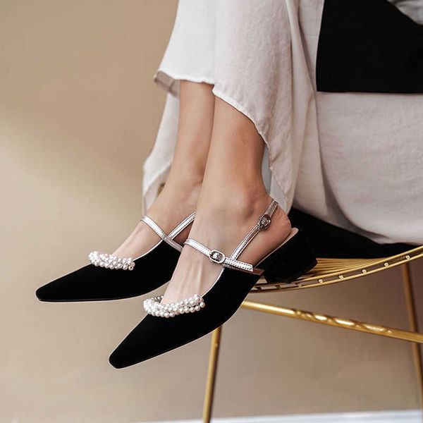 

new women shoes new fashion small square toe sandals buckle strap med heel shoes female party sandals high 4cm y0721, Black
