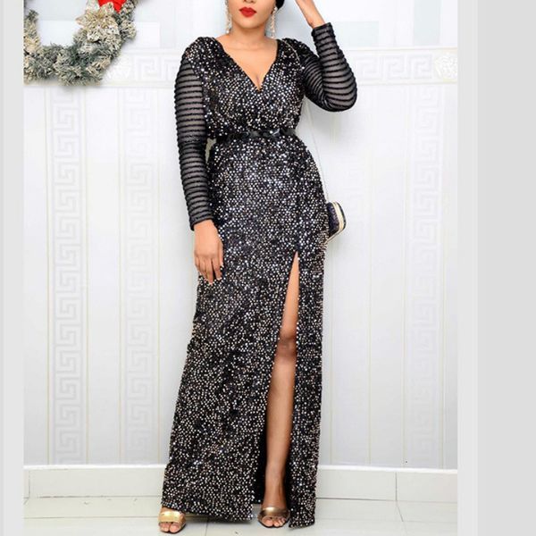 

two piece dress sequined long party sleeves v neck high slit glitter with waist belt zipper women sparkle event night female occas, White