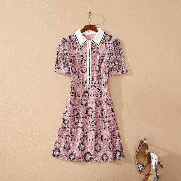 

summer fashion designer runway dress women's eleganet white collar patchwork vintage embroidery lace 210526, Black;gray