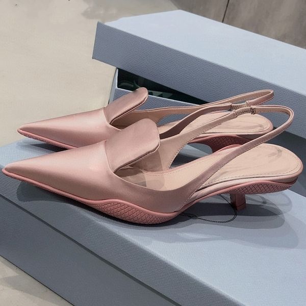

woman runway kitten heels pumps women pointed toe real leather slingbacks sandals spring candy color party shoes 2021, Black