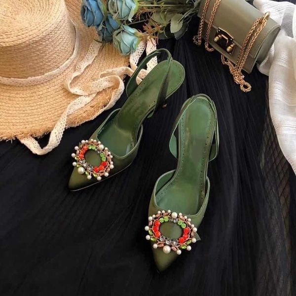 

80% off shoes rhinestone buckle high heel sandals woman pointed toe solid colour ladies shoes luxury designer brand female 5.5cm, Black