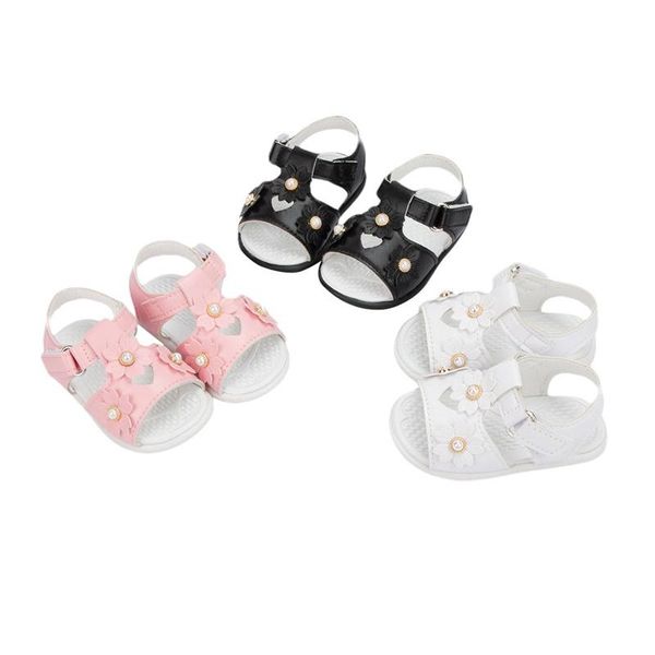 

baby girls summer sandals, anti-slip soft sole leather flat shoes with pearl flowers 0-12months sandals, Black;red