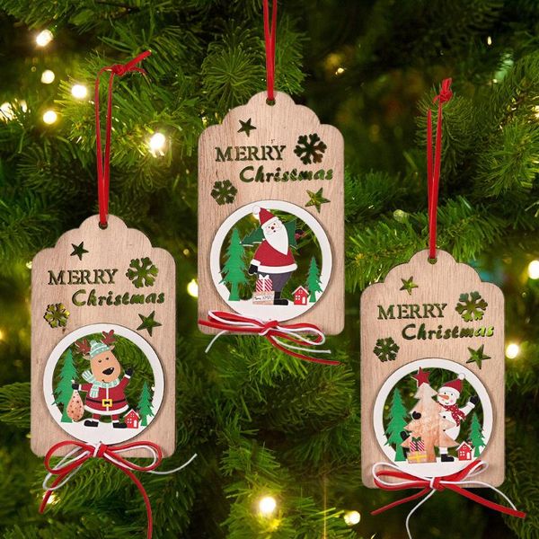 Decorações de Natal 12 cm, pingentes de madeira oco pequeno de Papai Noel, alces, e boneco de neve, arranjo de cena festivo de festa, ano decora