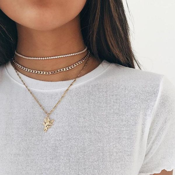 

chains girls jewelry bohemian multilayer diamond chain rose pendant short clavicle necklace fashion woman accessories, Silver