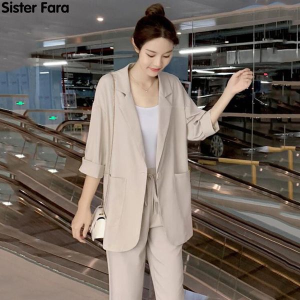 

sister fara spring 2021 single button half sleeve blazers coat woman+drawstring ankle-length pants office lady 2 piece set women's two, White