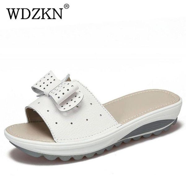 

slippers wdzkn big size 42 summer women genuine leather slip on wedge cute bow tie open toe beach platform, Black