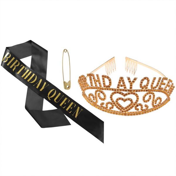 

hair clips & barrettes birthday queen crown tiara women girls printed glittery letters satin belt rhinestone party decorations supplies, Golden;silver