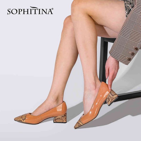 

sophitina pumps woman genuine leather patchwork shallow pointed toe snack pattern med square heel office lady shoes pc990 210513, Black