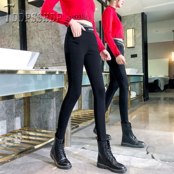 

women's pants & capris 2021 lining with fluff high waist alphabet printed women pencil elastic female trousers, Black;white