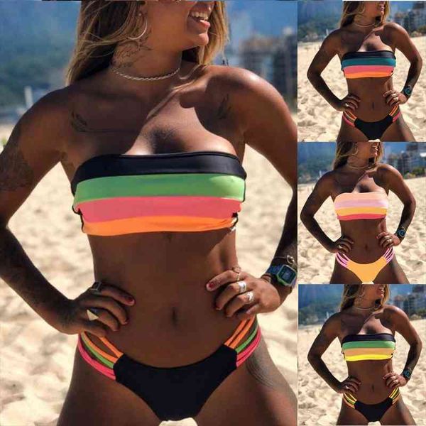 

women colorful stripe print back string bikini backless swimwear bathing suits striped swimsuit, White;black