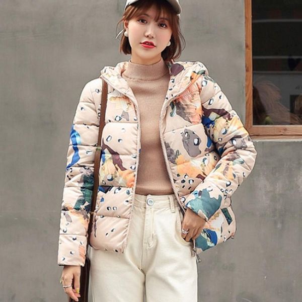 

women's trench coats winter woman 2021 cartoon printing casual cotton clothing female korean plus size short loose student thick jacket, Tan;black