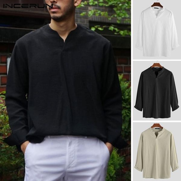 

men's casual shirts incerun shirt v-neck loose 2021 long sleeve solid color fashion europe america literary small fresh, White;black