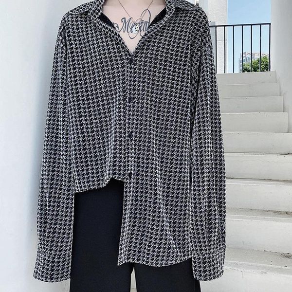 

men's casual shirts autumn black lattice bright silk shirt men's fashion nightclub style long sleeve oversized lapel, White;black