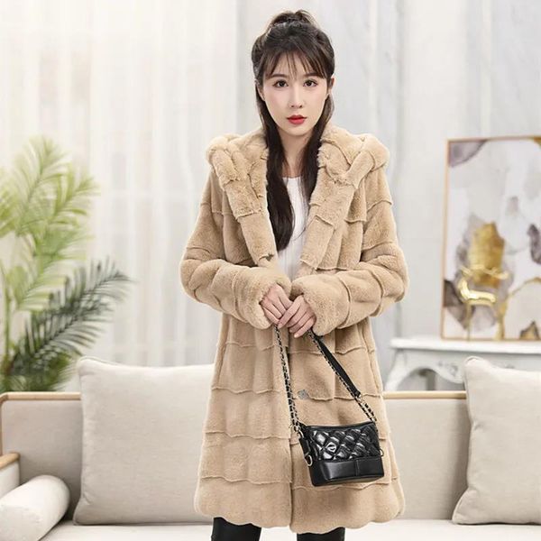 

women's fur & faux 2021 winter korean danish mink long haining coat black