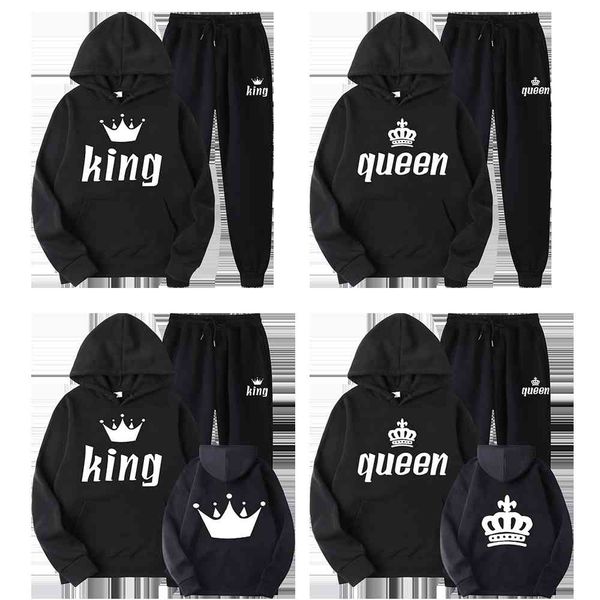 

women hoodie bababuy king queen lovers couple matching set hoodies sweatshirts and sweatpants trousers men casual tracksuits, Black