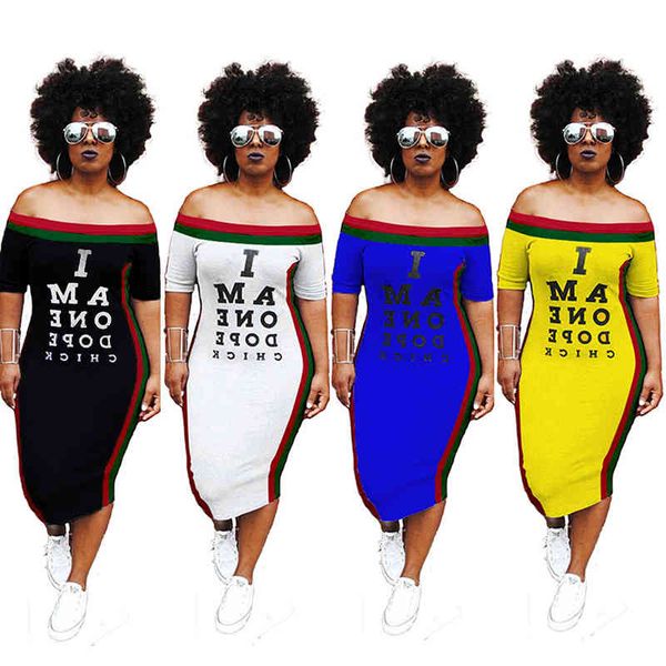 

stripe flat shoulder letter print short sleeve bodycon dresses for women fashion casual streetwear s-xxxl x0521, Black;gray