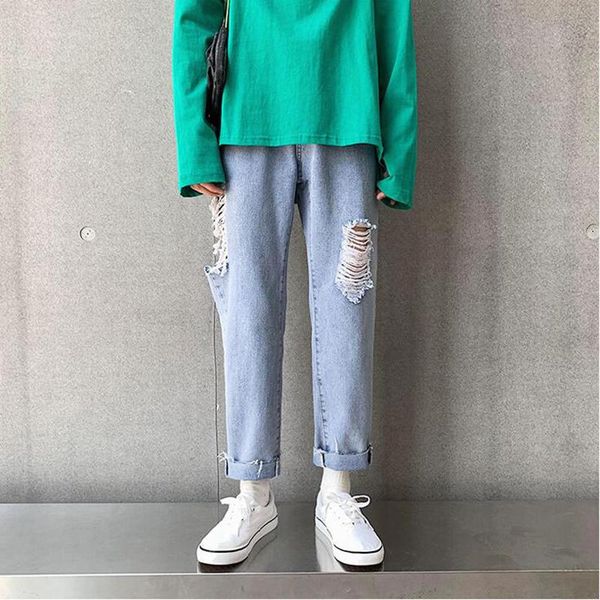 

men's jeans summer broken beggar ankle-length pants korean version of the fashion trend straight leg student, Blue