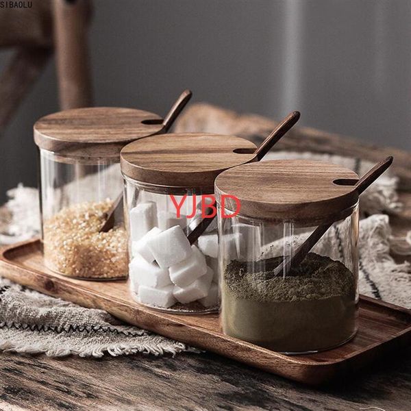 

kitchen seasoning jar glass spice container salt jars condiment pot with lid and spoon storage 1pc bottles &