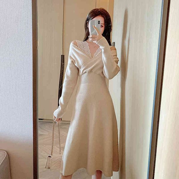 

arrive autumn winter long sleeve knitted dress women runway fashion chic v neck lace patchwork sweater a line dresses 210514, Black;gray