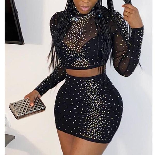 

casual dresses women mesh rhinestone two-piece dress long sleeve o-neck vrop bodycon mini set, Black;gray