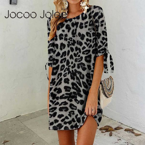 

jocoo jolee printing women o-neck vintage leopard summer lace up half sleeve casual mini dress skinny basic office lady 210619, Black;gray
