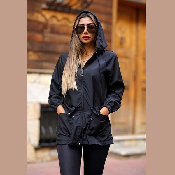 

women's jackets women yellow color star hooded pocket zipper thin waterproof raincoat, Black;brown