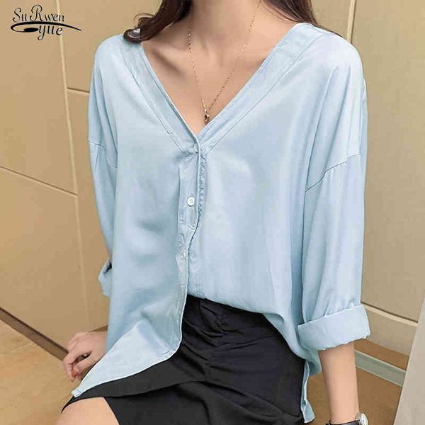 

autumn korean solid long sleeve women shirts blue casual plus size button cardigan blouse v neck blusas mujer 10322 210508, White
