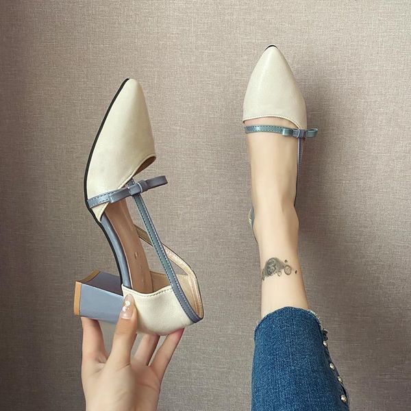 

trendy bow-tie mixed colors slip on sandals women pointy toe mary janes shoes woman closed chunky high heels sandalias mujer, Black