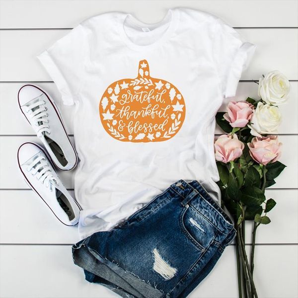 

pumpkin thankful grateful blessed printed womens tee clothes graphic, White
