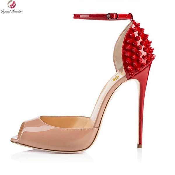 

original intention gorgeous women pumps elegant rivets peep toe thin heels nude patent leather shoes woman plus size 4-15 dress, Black