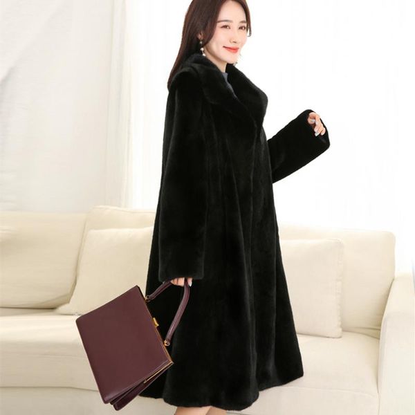 

women's fur & faux mink whole women x-long skirt coat with turn-down collar winter thick warm female jacket, Black