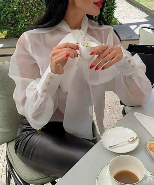 

women see-through sheer mesh blouse puff long sleeve t-shirt tee shirt plus, White