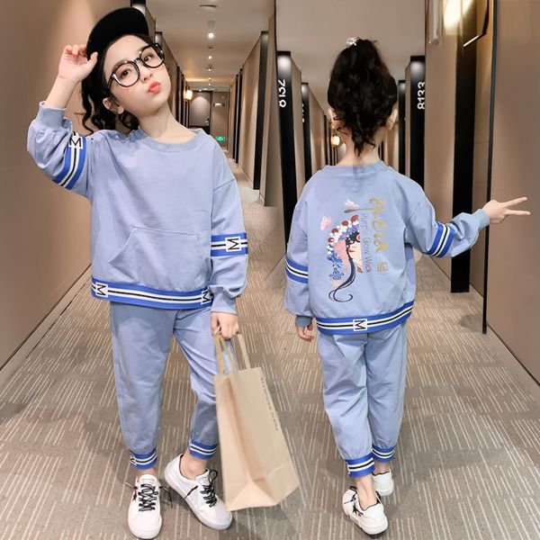 

2021 popular girls two-piece suit cartoon sweater children girl clothes front pocket sweatshirt sweatpants kid cotton sportswear, White