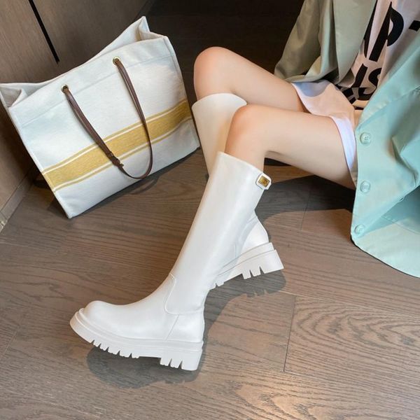 

boots ochanmeb designer gold metal lock winter women real cow leather kneehigh riding white ladies office dress shoe 33-43, Black