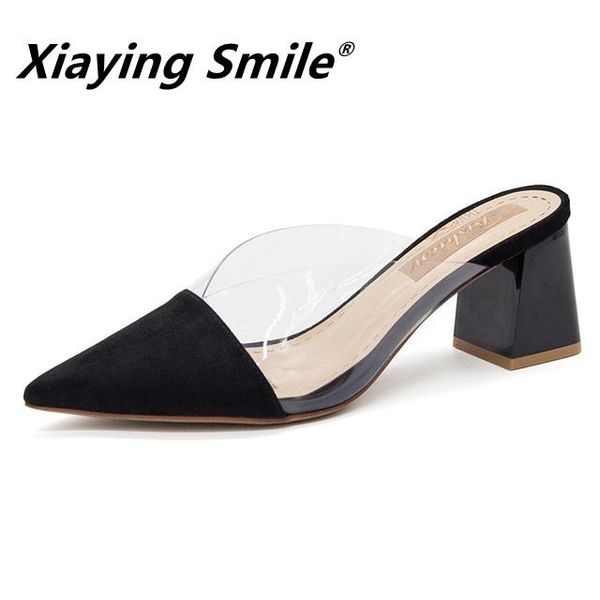 

slippers xiaying smile the fashion transparent stitching mid-heel women's shoes wear half drag muller, Black
