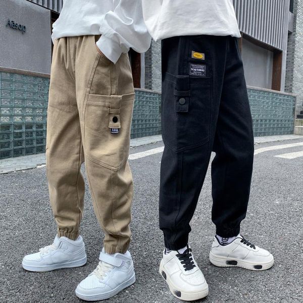 

trousers joggers boys cargo pants streetwear 2021 teenage sweatpants elastic waist cotton pockets children fashion, Blue