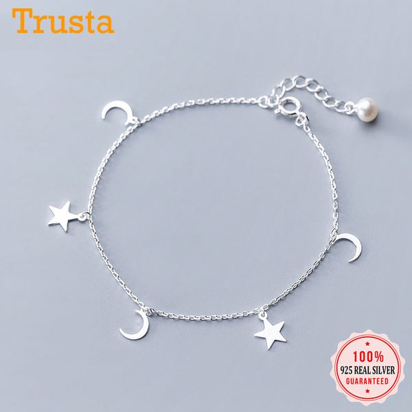 

trustdavis silver 925 ankle bracelets for women moon star charm link chain foot jewelry pearl cute anklets da979, Red;blue