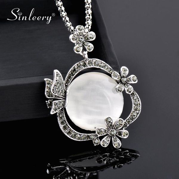 

vintage grey cubic zircon flower big round opal pendant necklace antique silver color long chain jewelry my108 ssk necklaces