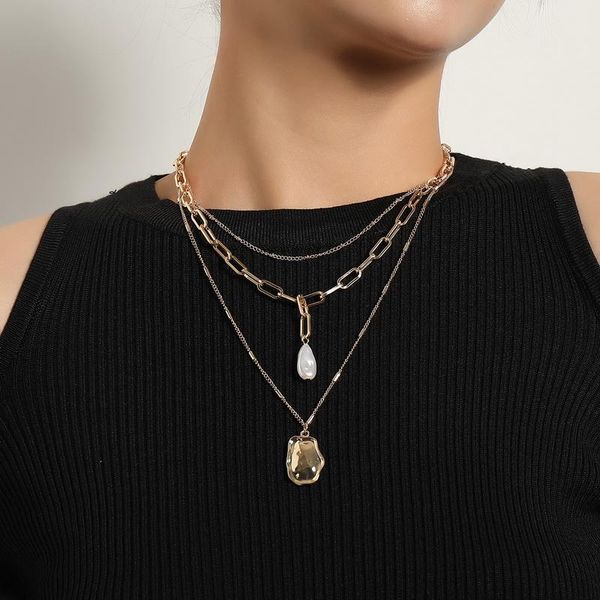 

pendant necklaces punk fashion multilayer thick chains baroque pearl necklace women irregular geometric pendants jewelry gift, Silver