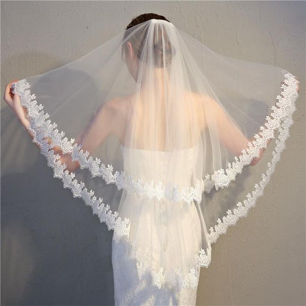

bridal veils fashion lace wedding veil elegant tulle ivory two layers with comb bride accessories short women, Black