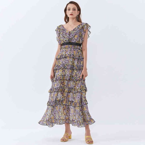 

dresses print floral for women v neck sleeveless high waist patchwork ruffle midi es female fashion clothes, Black;gray