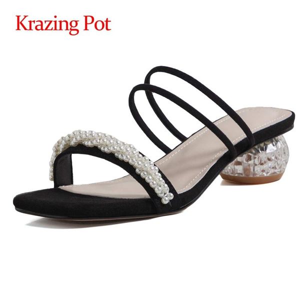 

krazing pot square toe strange style med heels shallow pearl beading high street fashion fairly outside slipper shoes women l80 slippers, Black