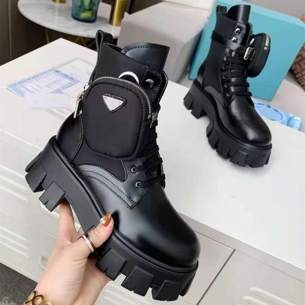 

women genuine leather monolith boots letter designer lady nylon pouch strap rubber tread sole ankle combat boot, Black
