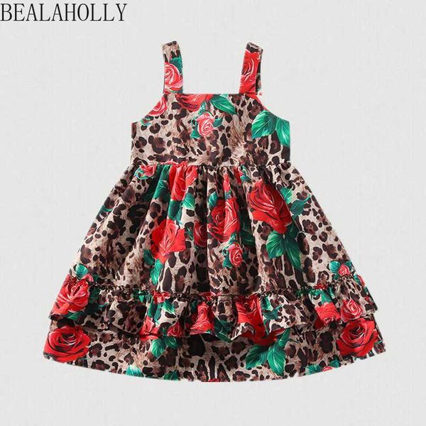 Sommer Neues Baby Mädchen Baumwolle Leopard Rose Gedruckt Gürtel Prinzessin Kleid Floral A-linie Mädchen Kleid Urlaub Stil Mädchen Mode q0716