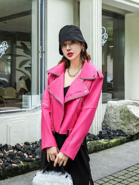 

women's fur & faux pink ture leather fashion zipper long sleeve jacket fall autumn casual coat girls chic preppy stylish, Black